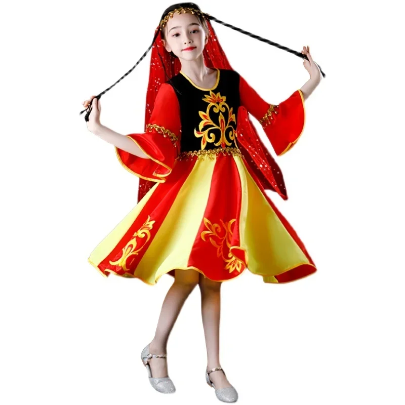 

Xinjiang Uygur Skirt Tibetan Dance Costume for Girls Traditional Minority Folk Dance Clothing Modern Hmong Practice Dance Dress