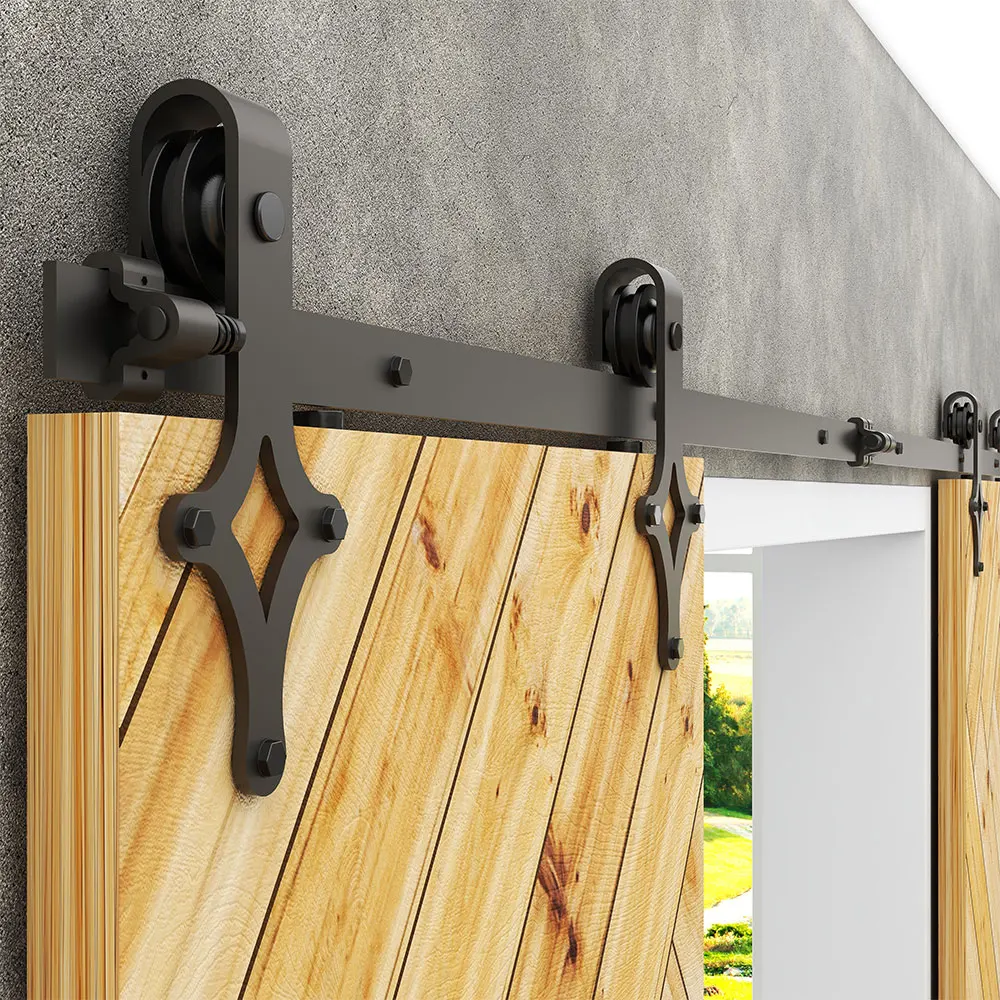 Sliding Barn Door Hardware Kit Heavy Duty Smoothly and Quietly Easy to Install Fit Double Door Panel Diamon Style Hangers Black