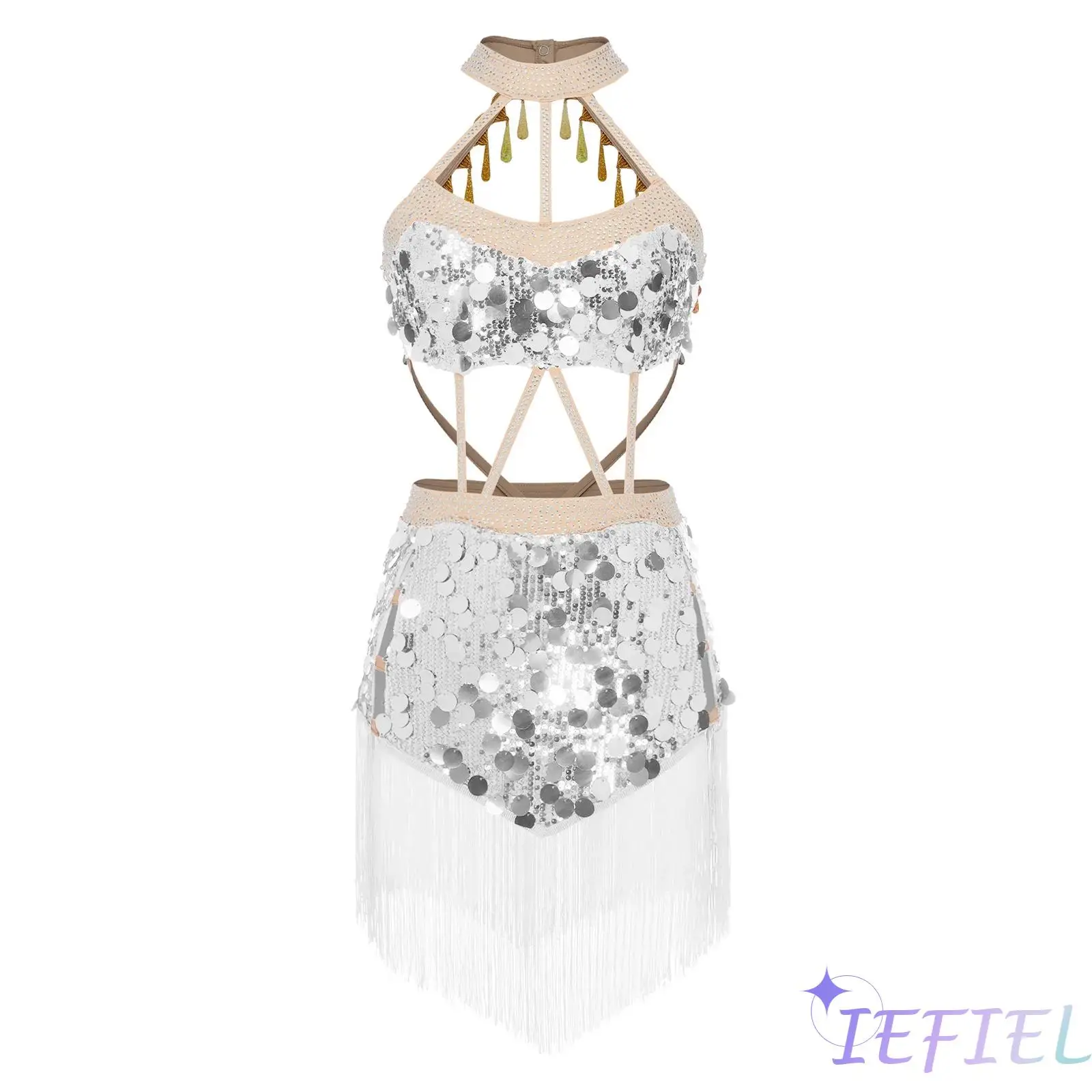 

Womens Latin Salsa Dance Dress Glittery Sequins Rhinestones Halter Tassel Hem Bodysuit Dress Tango Cha-cha Belly Dance Clothing