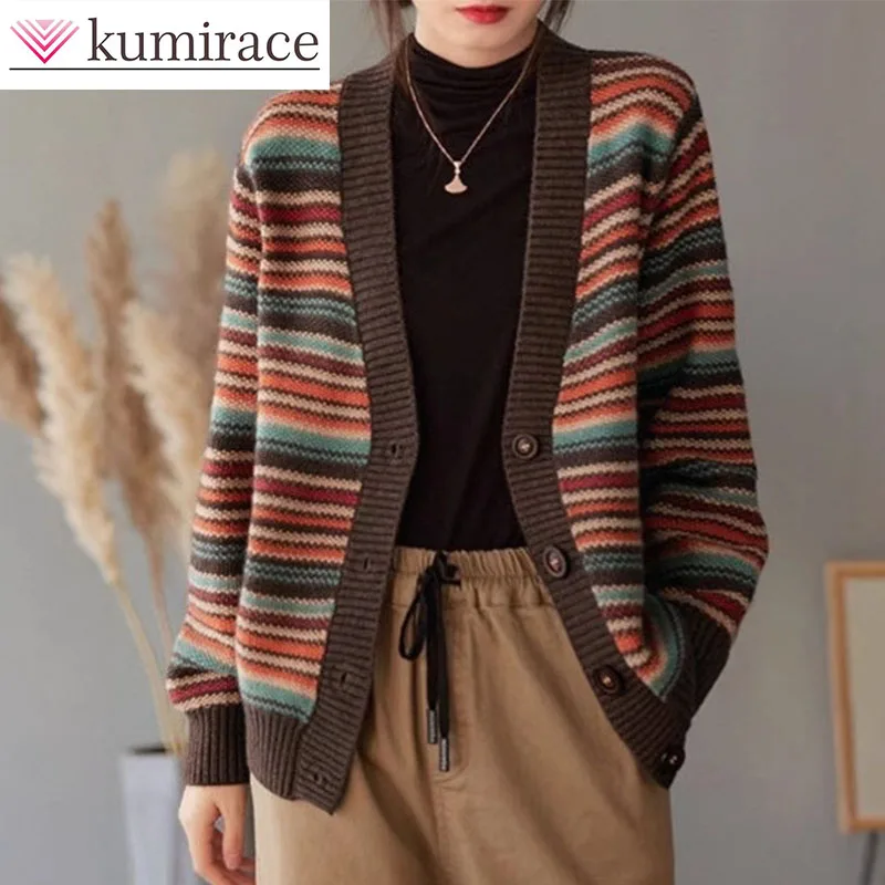 

Korean Style Cardigan Women's 2025 New Autumn Outfit, Plus Size, Contrasting Color, Ethnic Style, Loose and Lazy Style Jacket