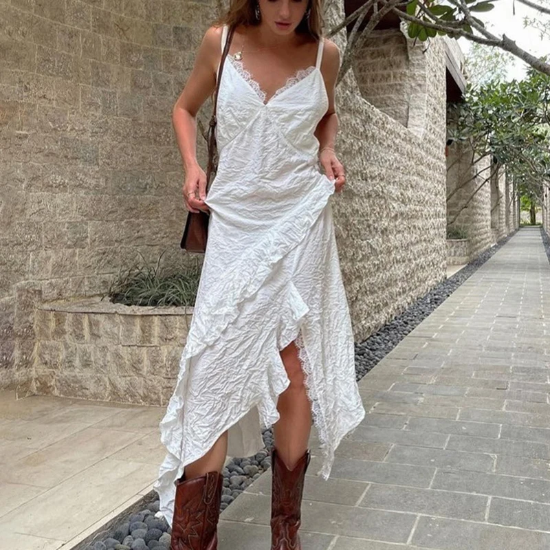 

Tornova Irregular Hem Lace Sling Dress For Women Backless Sexy Ruffled Splice Long Dress Female Elegant Spaghetti Strap Dresses