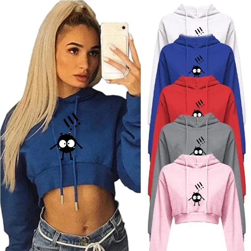 Women Funny Cartoon Kawaii Hooded Top Spring Autumn Slim Fit American Hoodie High Street 2024 Fashion Y2K Cropped Tops