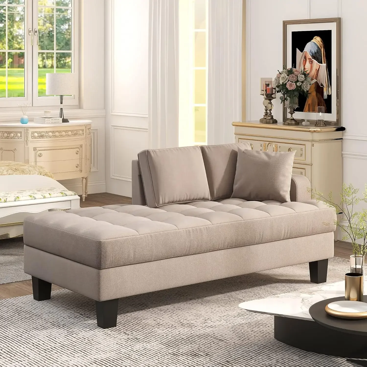 

64" Deep Tufted |Upholstered Textured Fabric Chaise Lounge,with Toss Pillow,Aristocratic Leisure| Recliner