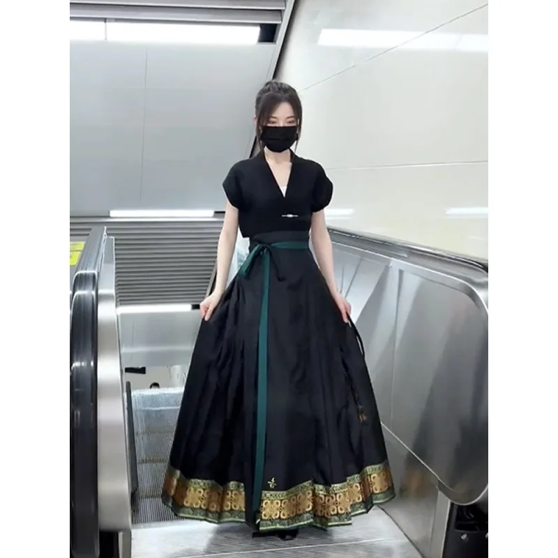 Traditional Hanfu 2023 New Horse Face Skirt Black Top Big Swing Skirt Two Piece Retro Chinese Dress Mamianqun Fashion Clothing