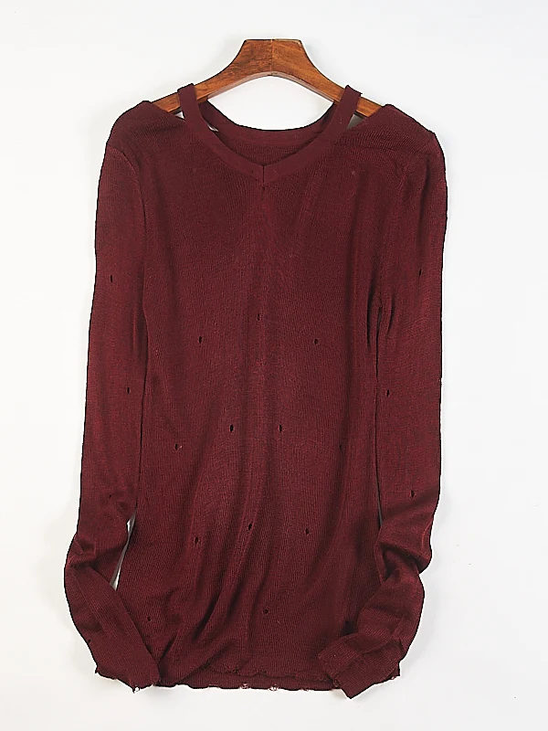 

Корейский однотонный тонкий длинный вязаный свитер Sve, женский весенне-осенний новый потертый топ с v-образным вырезом и v-образным вырезом