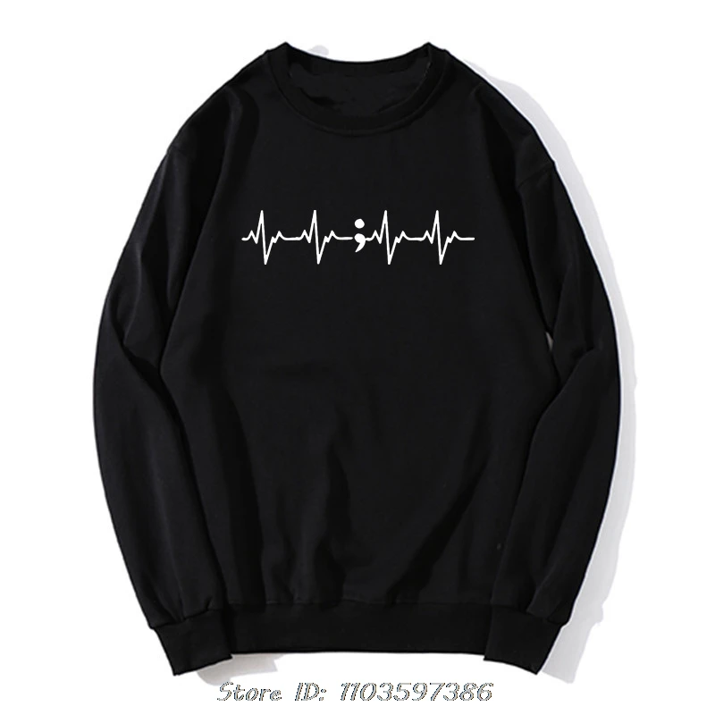 HeartBeat Semicolon Gift Suicide Prevention Awareness Hoodie Men Cotton Sweatshirt Graphic Pullover Clothing Tops Streetwear