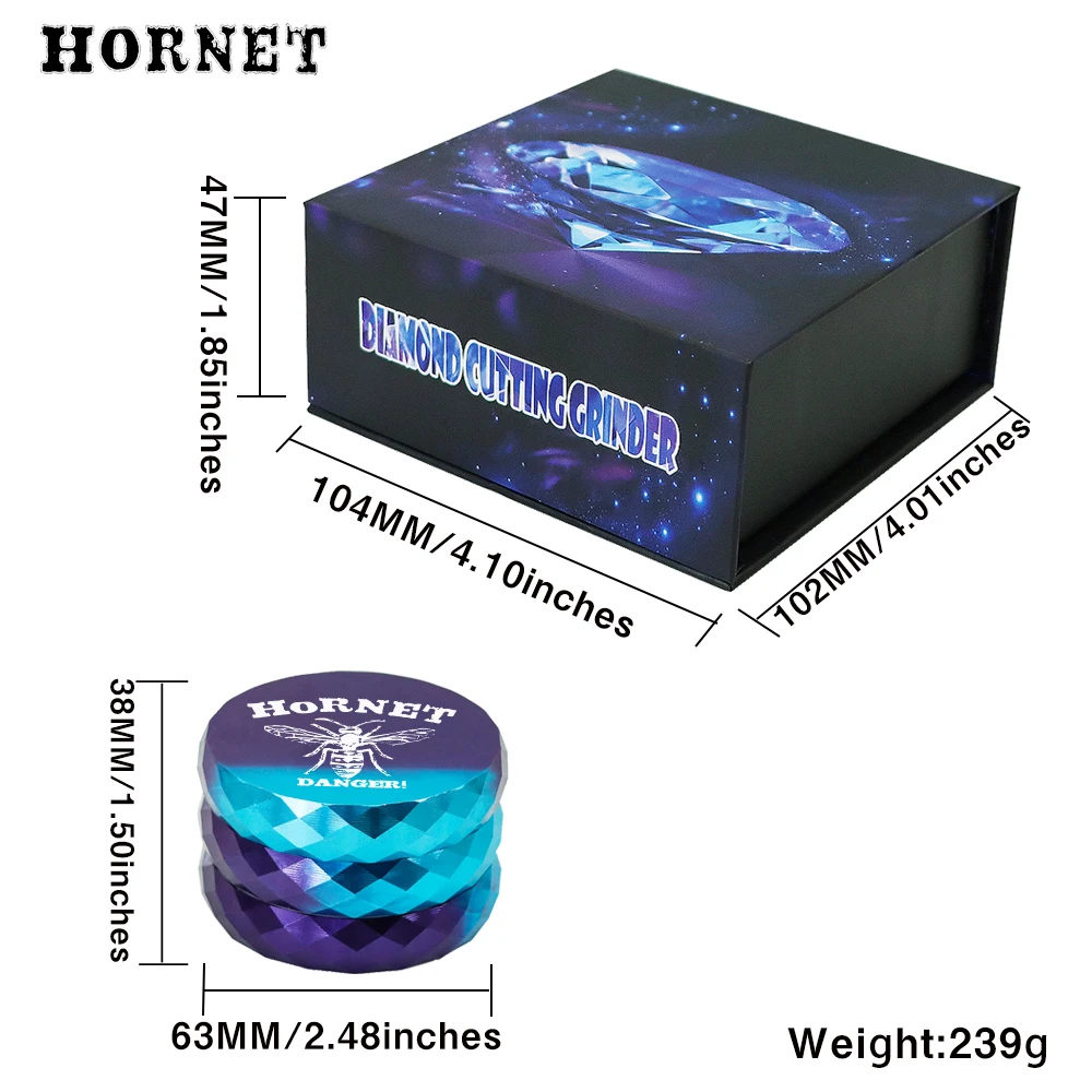 HORNET 63MM 4 Layers Amoladora Diamond Cutting Metal Herb Grinder Crusher with High-end Gift Box Customizable Logo Men\'s Gift