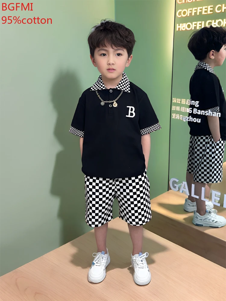 Korean Teenage Boy Summer Plaid Kids Suit Baby Children New Polo Set Thin Short Sleeves Patchwork Shirt +Shorts 2 Pc Casual Suit