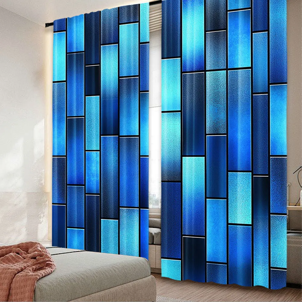 

2Pcs Retro Blue Mosaic Tiles Pattern Curtains Suitable For Bedroom Living Room Decoration And Many Other Occasions