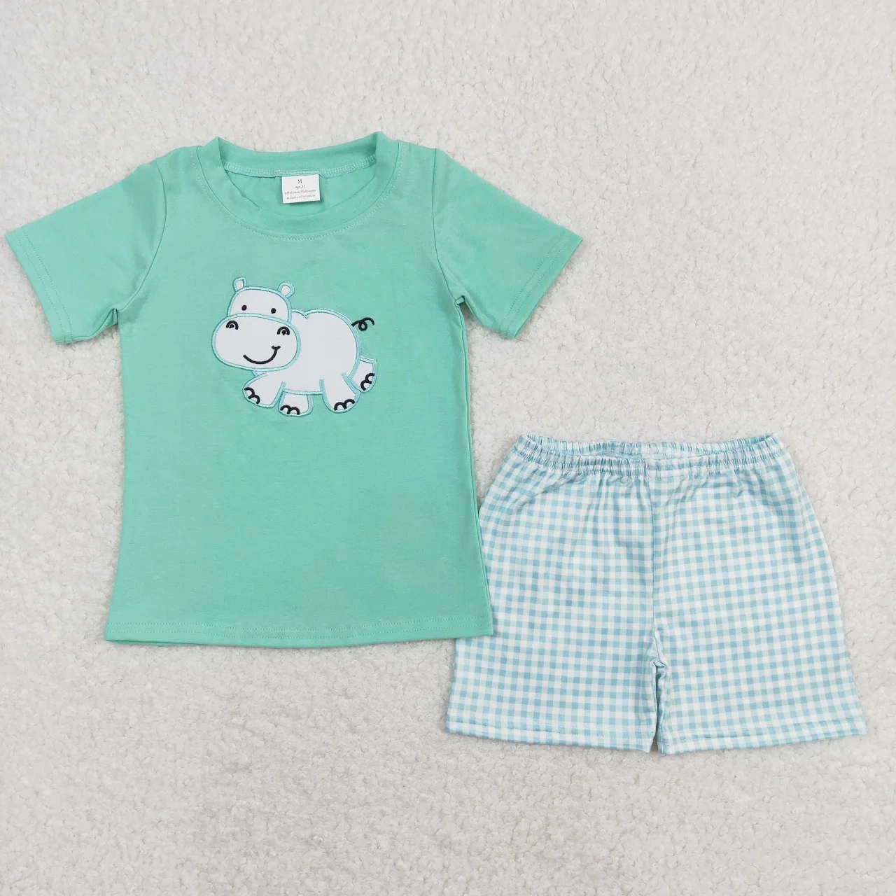 

Wholesale Children Summer Sets Short Sleeves Embroidery Animal Cotton T-shirts Green Tee Kids Plaid Shorts Baby Boy Outfit