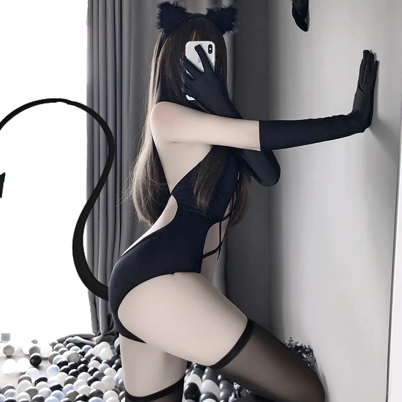 Hot sales Women Sexy Bodysuit Erotic Lingerie Anime Devil Cosplay Costumes Open Front Black Cat Role Play Underwear Set