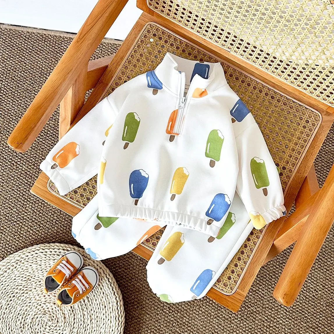 

Комплект одежды для малышей, весенне-осенний топ с принтом мороженого на молнии + штаны, одежда для мальчиков и девочек 0-3 лет