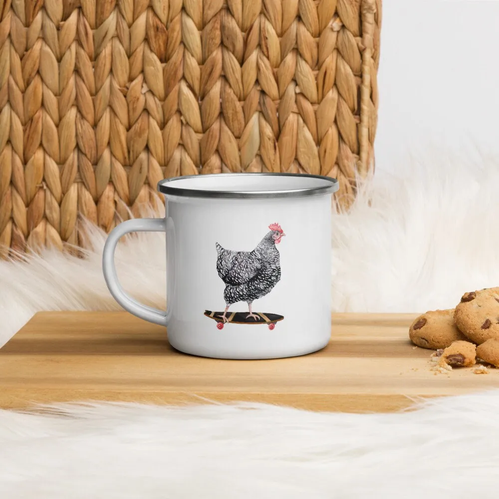 Skateboarding Chicken Enamel Mug Funny Animal Camping Cup  Rock Hen Holiday Gift White Camp Farmhouse Decor mug