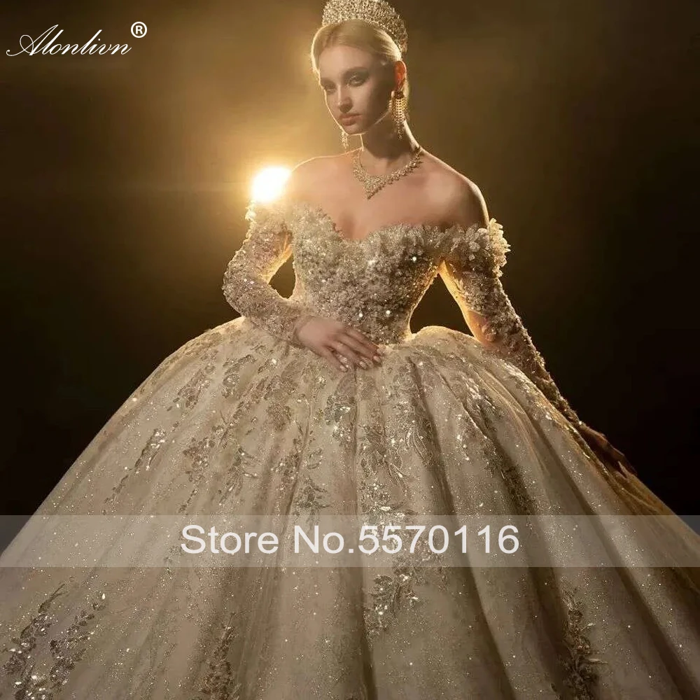 Alonlivn فساتين زفاف فاخرة مطرزة حسب الطلب من الدانتيل اللامع بدون أكتاف وأكمام طويلة فساتين زفاف