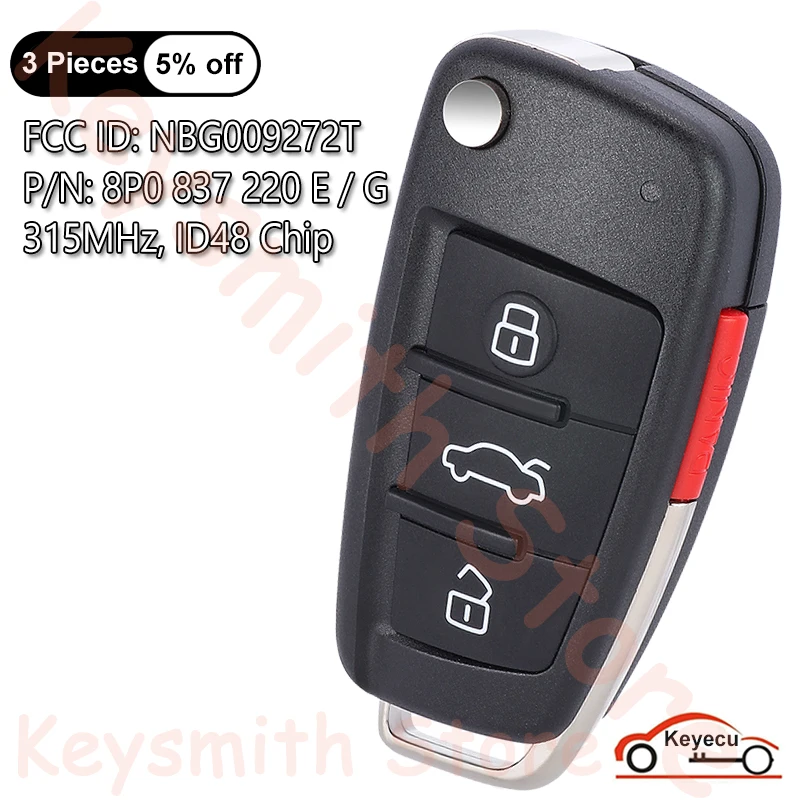 KEYECU 4 Buttons 315MHz ID48 Chip for Audi A3 TT 2007 2008 2009 2010 Flip Remote Key Fob 8P0 837 220E / 8P0 837 220G NBG009272T