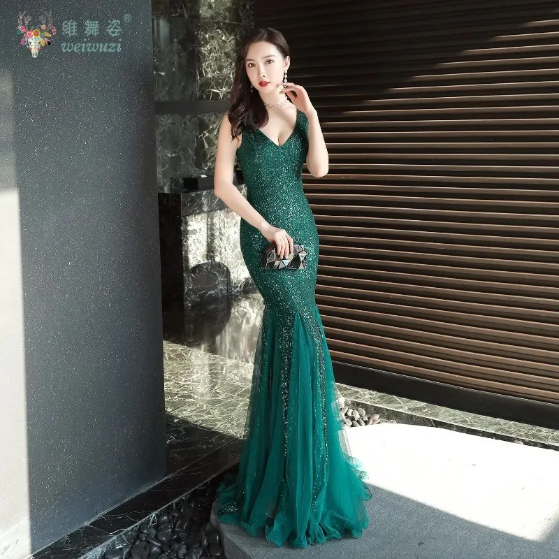 

New Women's Banquet Annual Meeting Evening Dress Temperament Elegant Sleeveless Vest with V-neck Long Sequin Sexy Fishtail Dress