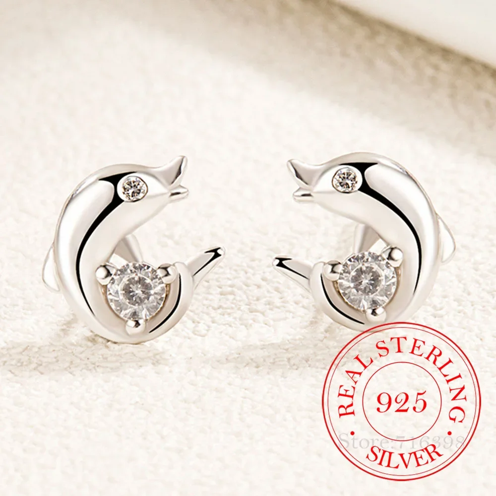 

925 Sterling Silver White Crystal Dolphin Cute Stud Earrings For Woman Girls Wedding Engagement Fashion Party Charm Jewelry Gift