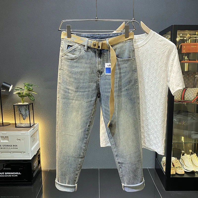 Spring 2024 retro light blue jeans men fashion brands micro-tapered skinny casual slim-fitting small straight long pants