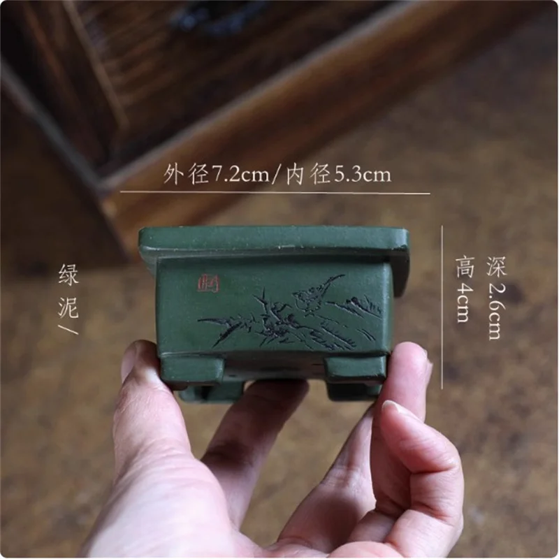 Green Clay Handmade Pottery Bonsai Pot,Small Vase,Tradition Chinese Carved Pattern,Dormitory Home Table Room Garden Decoration