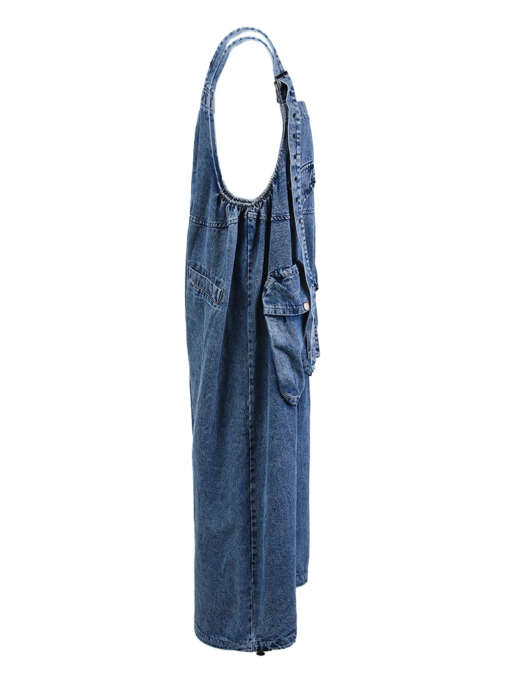 [MODX]  Blue Pocket C Denim Casual Overalls Trousers High Waist New Loose Fit Pants Women Fashion Tide Spring Autumn 2024