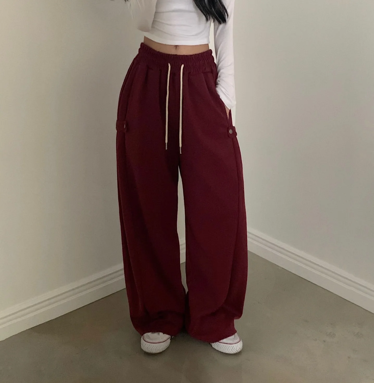 

Korean style Unique Diagonal Button Design Elastic Waist Sweatpants, Versatile Office Casual Pants, Stylish Comfortable Design