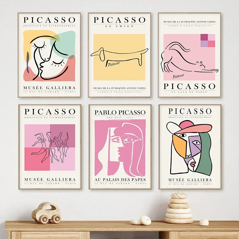 Multiple sizes 1pc frameless Canvas Painting,Picasso Colour Print Wall Art Cat Dog Line Canvas Painting Abstract Character Colou