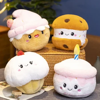 Bolo de pelúcia plushie morango fruta muffin forma brinquedos de pelúcia bonito rosto creme lanche parsty decoração festa presente para aniversário