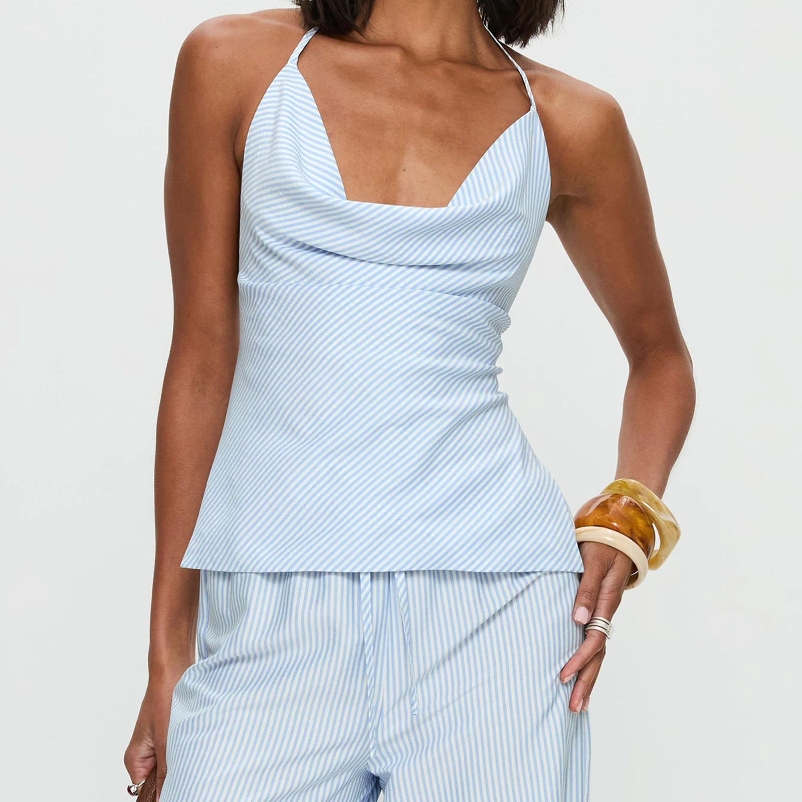 

hirigin Women’s 2 Piece Summer Outfits Sleeveless Stripes Print Halter Tops + Wide Leg Pants Set Y2K Vintage Streetwear