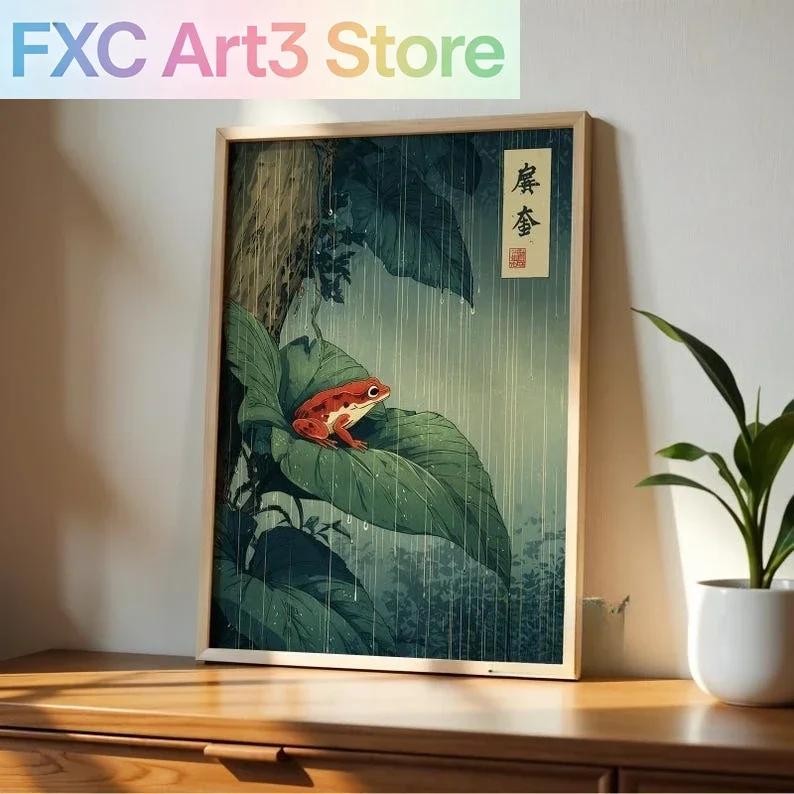Arte de pared en lienzo de rana japonesa sin marco, 1 pieza, impresión artística de selva tropical vintage, póster de rana roja sobre hoja para decoración de sala de estar