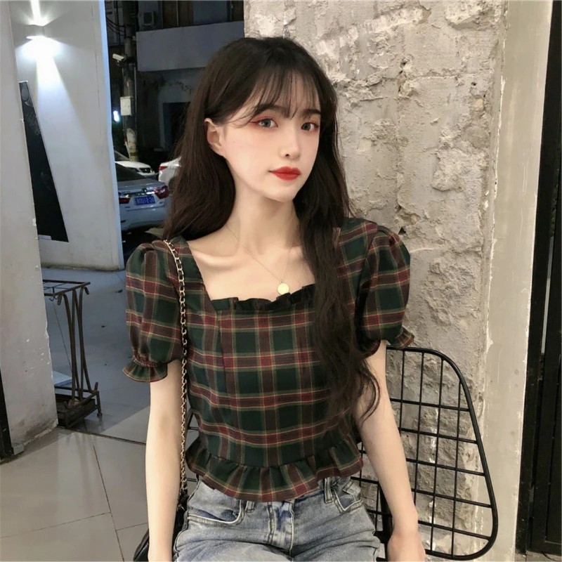 

Shirts Women Plaid Retro Edible Tree Fungus Cropped Summer Elegant Sweet Y2K Aesthetic Chic Ulzzang Holiday Рубашки Cool Vintage