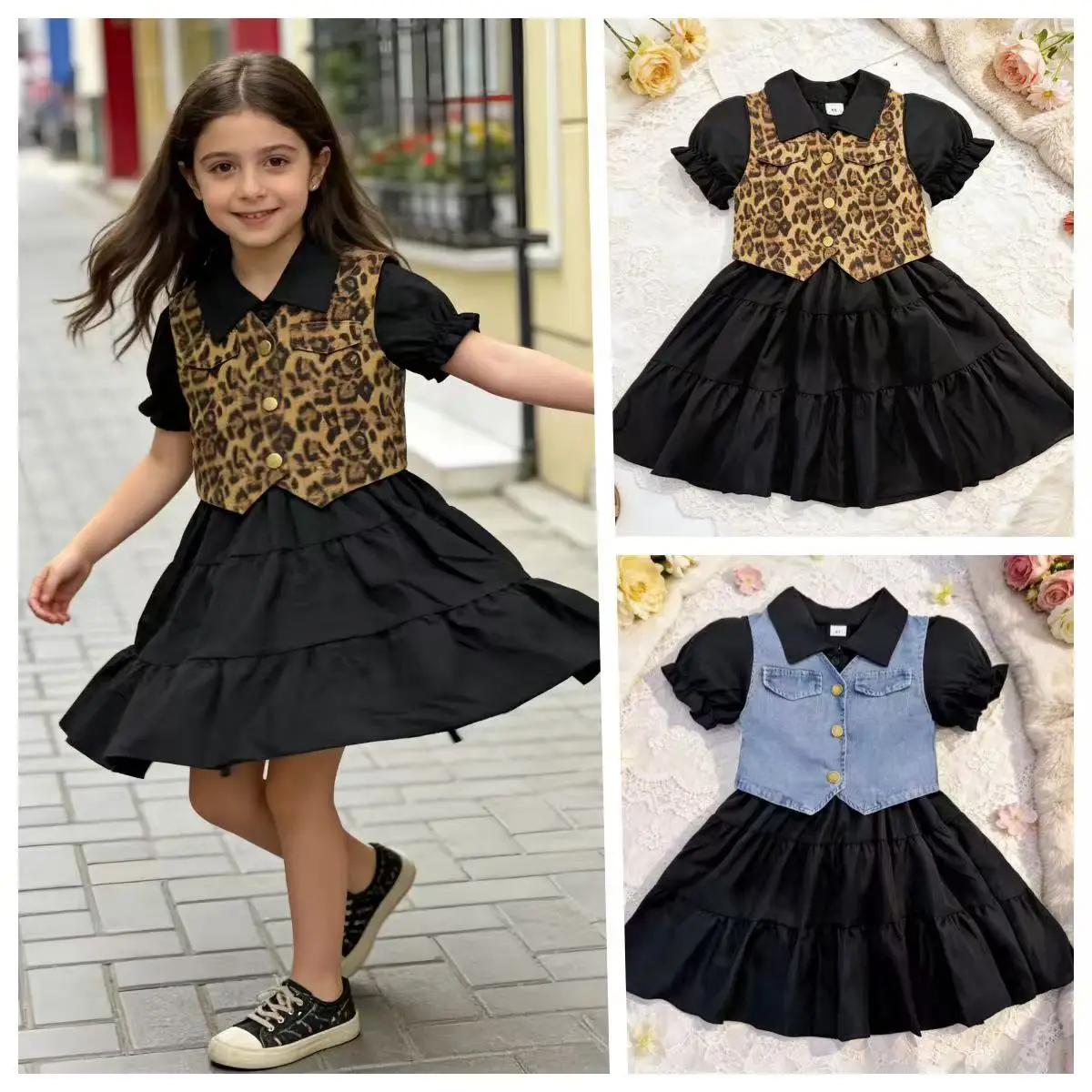 

2026 Summer European American Style Girls Two-Piece Set Denim Leopard Print Vest + Puff Princess Dress for Toddler Little Girls