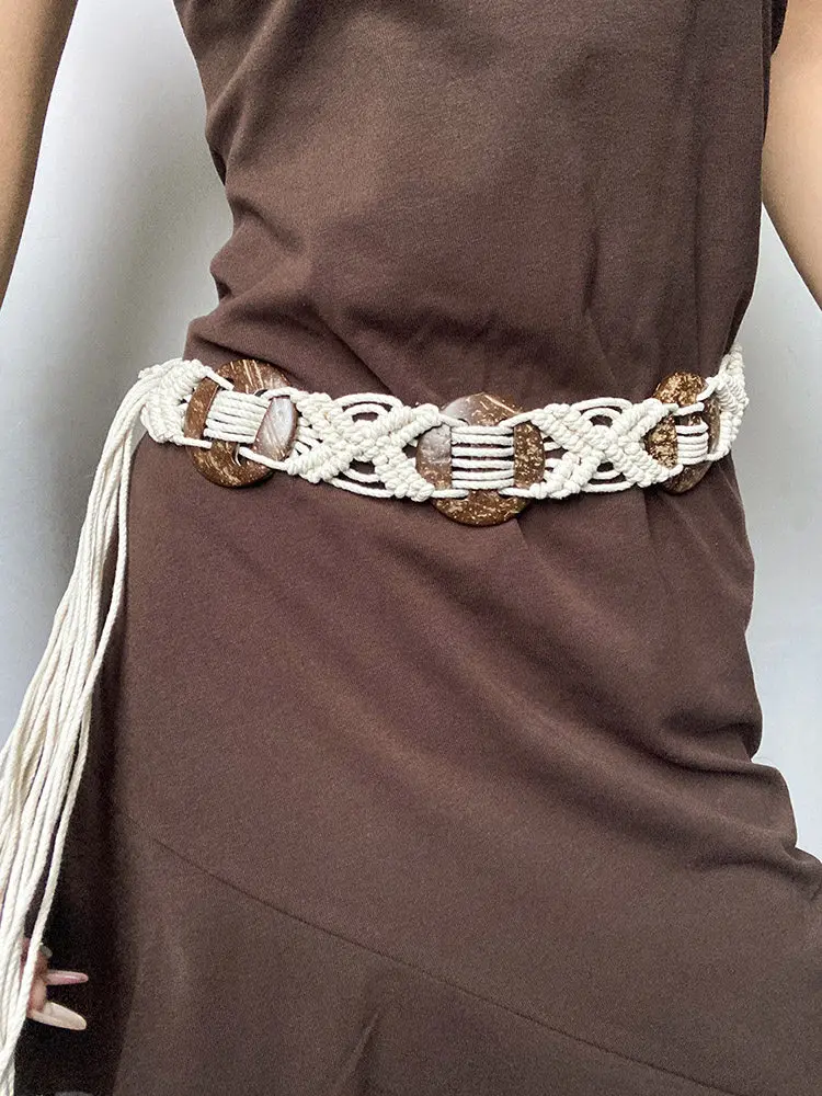 Women's woven belt, new style skirt accessory, niche design waist chain, retro ethnic style wide rope belt, suitable for daily w
