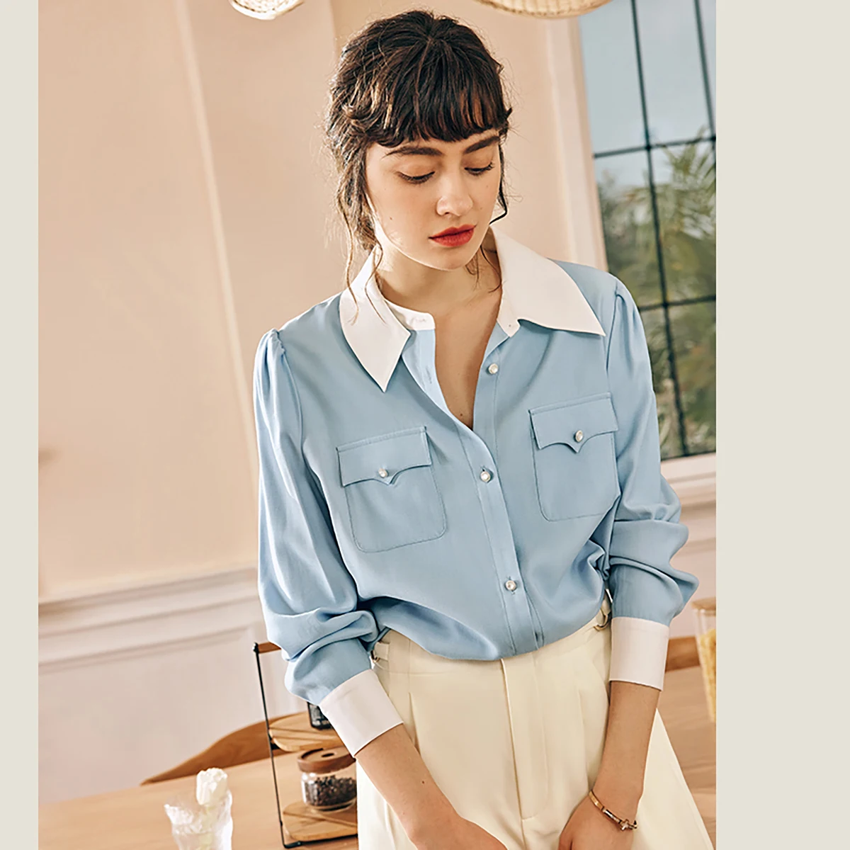 

OLrain Elegant Long Sleeve Shirts for Woman 2025 Autumn Turn-down Collar Contrasting Shirts Ladies Women's Clothing O23CC69328