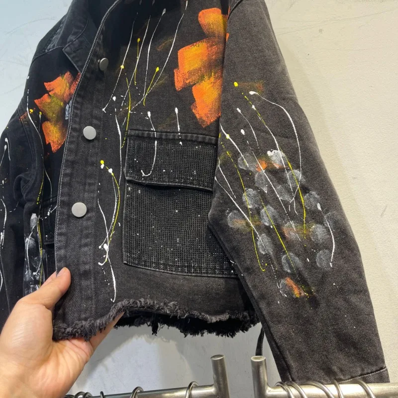 European Style High Sense Graffiti Denim Jacket 2025 Autumn New BF Heavy Industry Skinny Top Coat Single-breasted Outwear Ladies