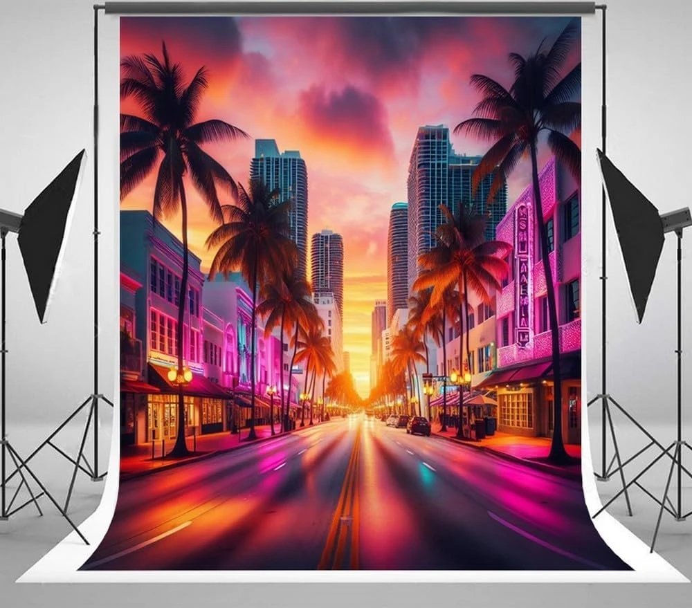 

Miami City Landscape Street Skyline Palm Tree Sunset Neon Buildings Travel backdrops scenic Photography Studio Backgrounds