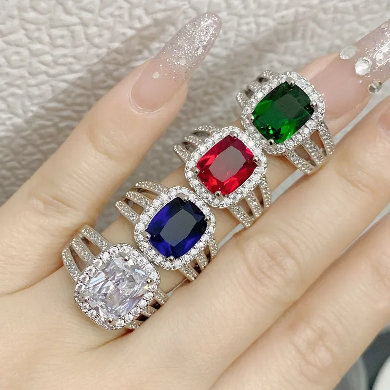

MDL Moissa!ite style live new vintage square sapphire imitation green tourmaline S925 sterling silver plated ring