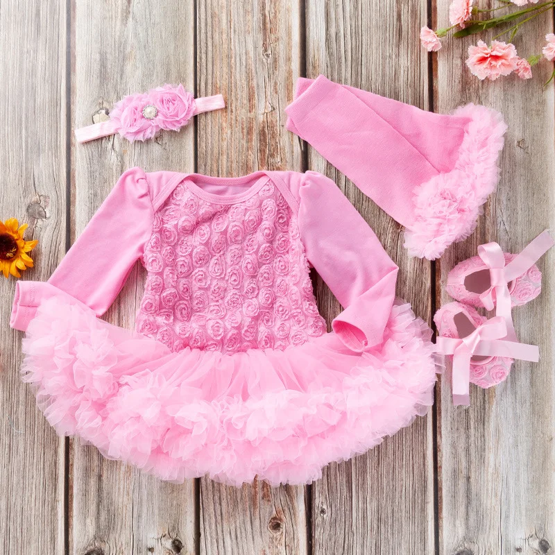 

Infant and Toddler Holiday Party Dress Long Sleeve Composite Rose Flower Romper Dress Baby Princess Dress Set
