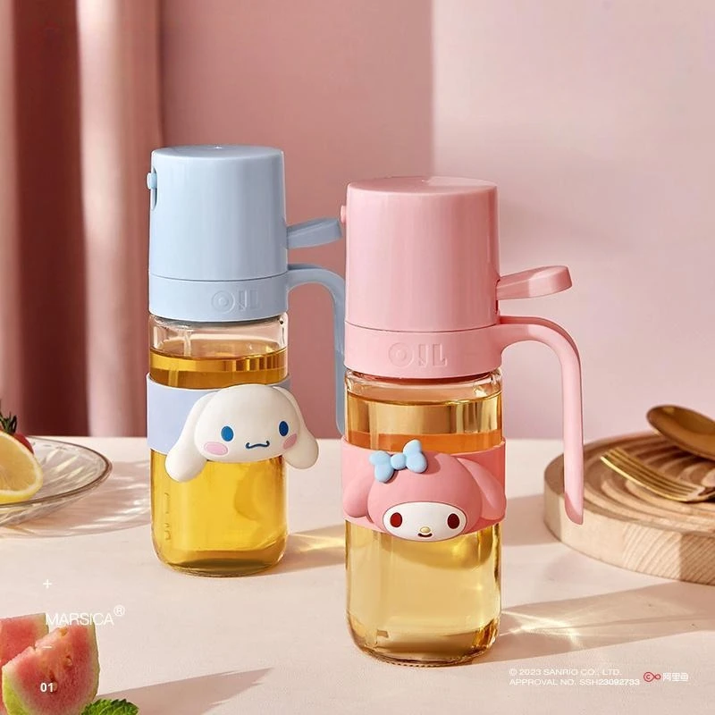 Atomizador de Aceite de Vidrio con Diseño de Anime Sanrio Hello Kitty, Dispensador de Salsa de Soya y Vinagre para Cocina, Botella de Aceite Anti-Goteo, Linda