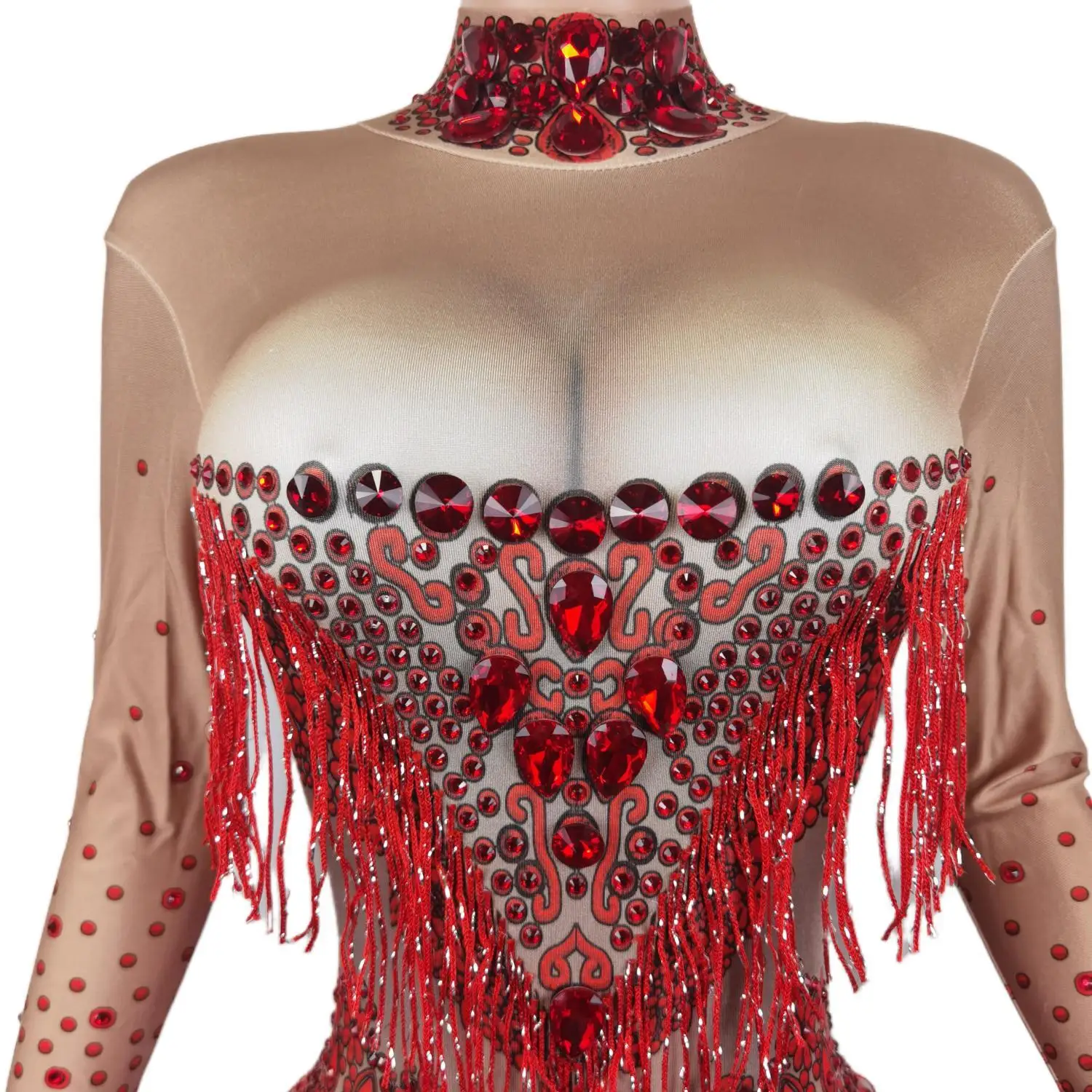 Red Tassel Spandex Bodysuit Rhinestone Plus Size Sexy Long Sleeve Jumpsuit Tassels Performance Wear Party Prom Bodycon Leotards