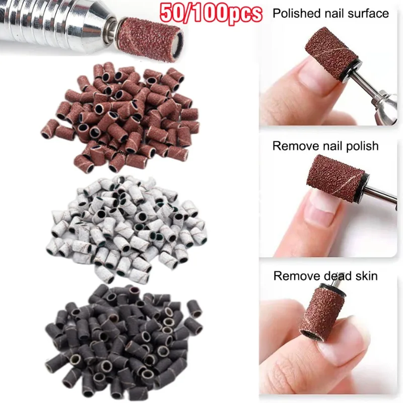 100/50pc Sanding Cap Bands For Electric Manicure Machine 180/120/80 Grit Nail Drill Grinding Bit Files Pedicure Tool Set