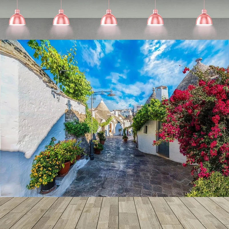 

Фон для фотосъемки: Италия, маленький городок, весенние дома Трулли, улица, дорога, сухие каменные хижины, фон для портретной съемки, плакат, баннер