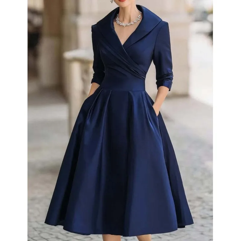 Vestido elegante para invitados de boda, vestido de noche de satén con cintura media y cuello vuelto para mujer, vestidos por debajo de la rodilla para fiesta de cóctel