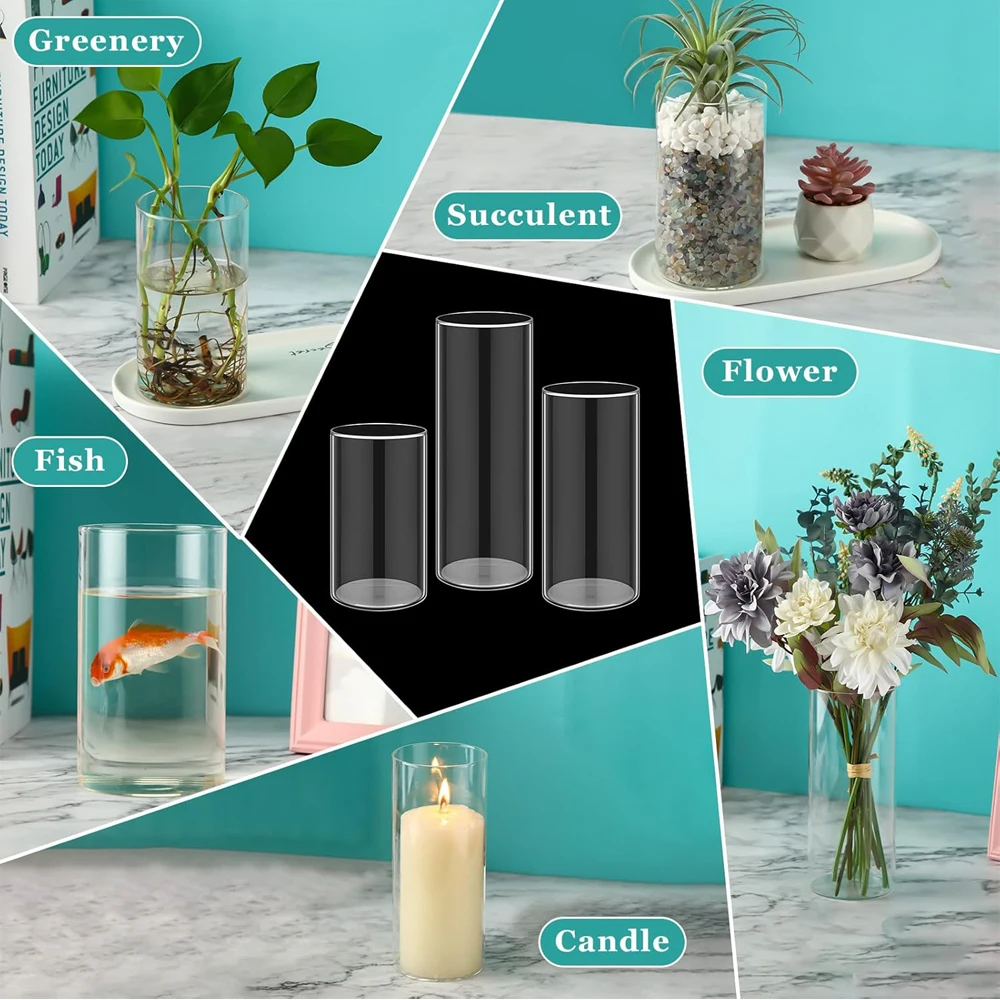 Glass Cylinder Vases 4 6 8 Inch Tall Clear Flower Vase Hurricane Floating Candle Holder for Table Centerpiece Wedding Home Decor