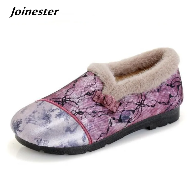 

Women Warm Plush Winter Shoe Retro Round Toe Slip on Mom Comfort Loafer Outdoor Casual Cozy Fur Lined Flats