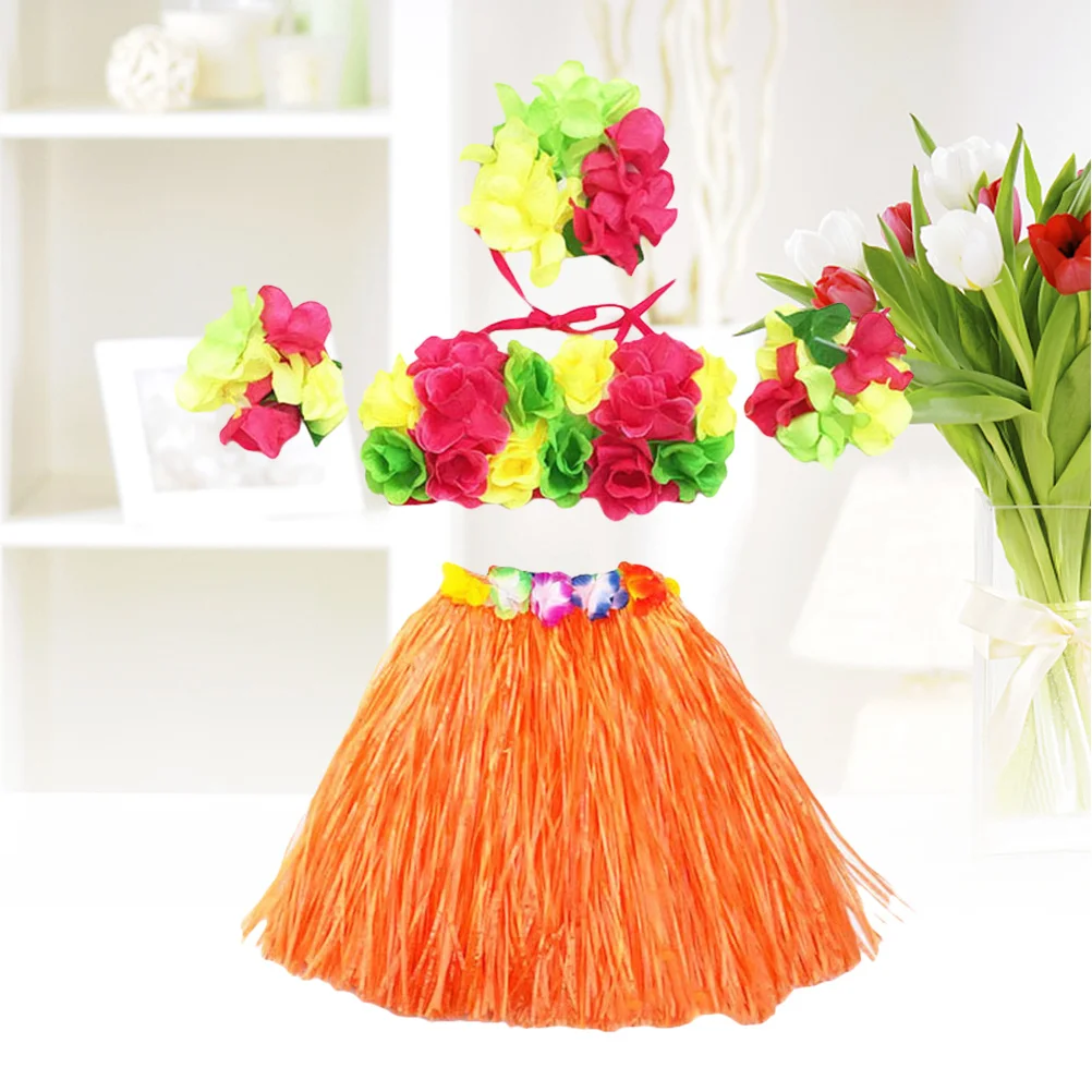 

5Pcs Hawaii Hula Grass Skirt Set Elastic Waistband Colorful Taiwear Tropical Hawaiian Luaus Flower Headband Bra