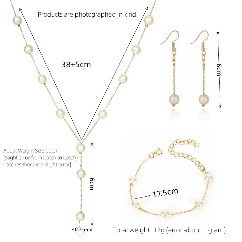 4pcs Gold-color Necklace Earring Bracelet Set Ladies Elegant Imitation-Pearls Collection Temperament Tassel Jewelry image 6