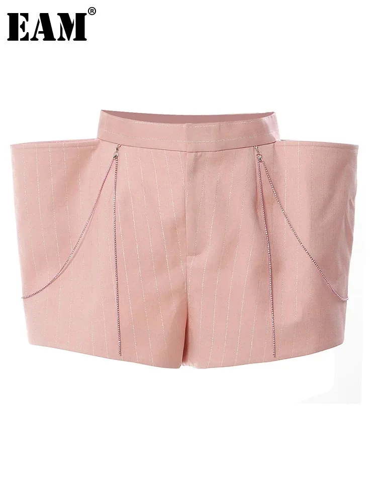 

[EAM] Women pink Color Shaped Rhinestones Wide Leg Shorts New High Waist Loose Fit Trousers Fashion Spring Summer 2024 17A8519