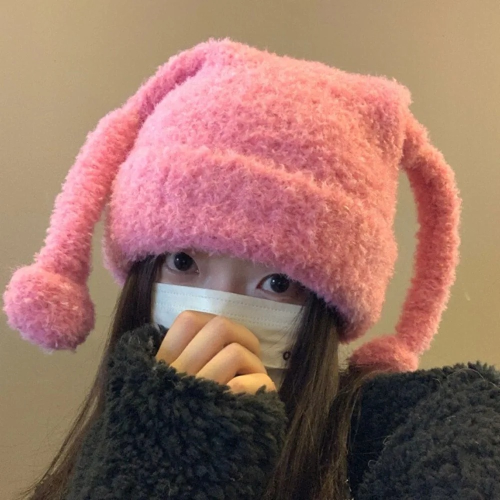 Versatile Soft Knitted Woolen Hat Spicy Girl Plush Big Pullover Hat Keep Warm Long Ear Brimless Cap Gifts