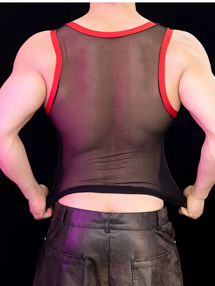 Sexy Thin Transparent Mens Clothing Tank Tops Exotic Breathable Gym Men Sleeveless Shirt Night Club High Elastic Vest Shaper