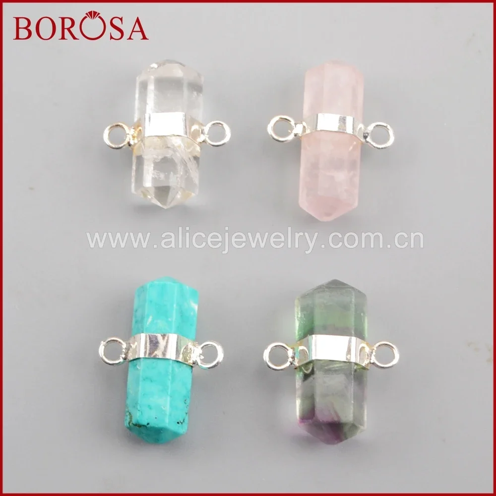 BOROSA 10PCS Hexagon Multi-kind Stones Silver Plated Connector Beads Natural Crystal Blue Howlite Quartz Double Charms Jewelry